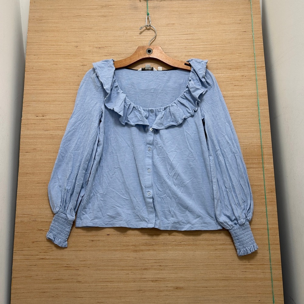 Boden Blue Ruffle Collar Button Down Blouse Smocked Cuffs US 2P UK 6P